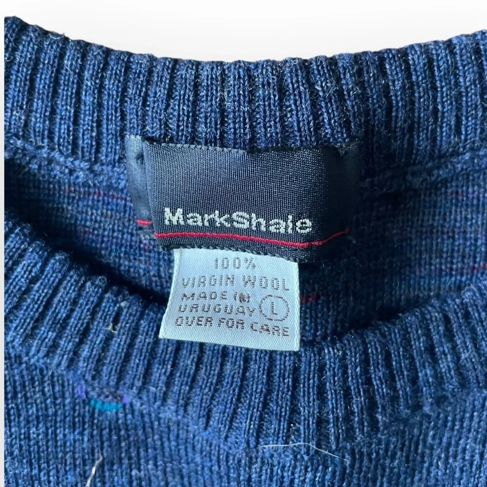 Mark Shale men’s vintage 100% Virgin Wool crewneck long sleeve sweater blue L